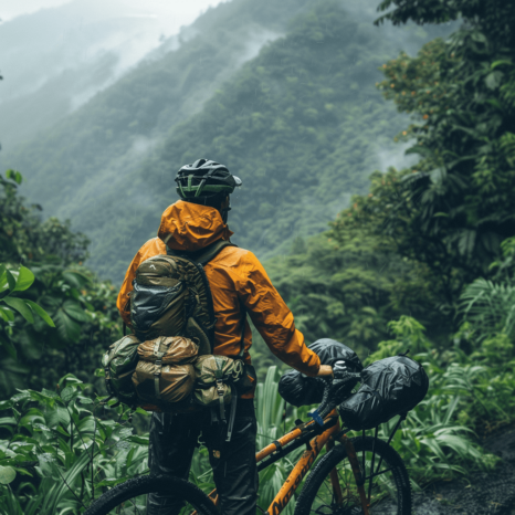 a person with a bicycle on a trail in the woods